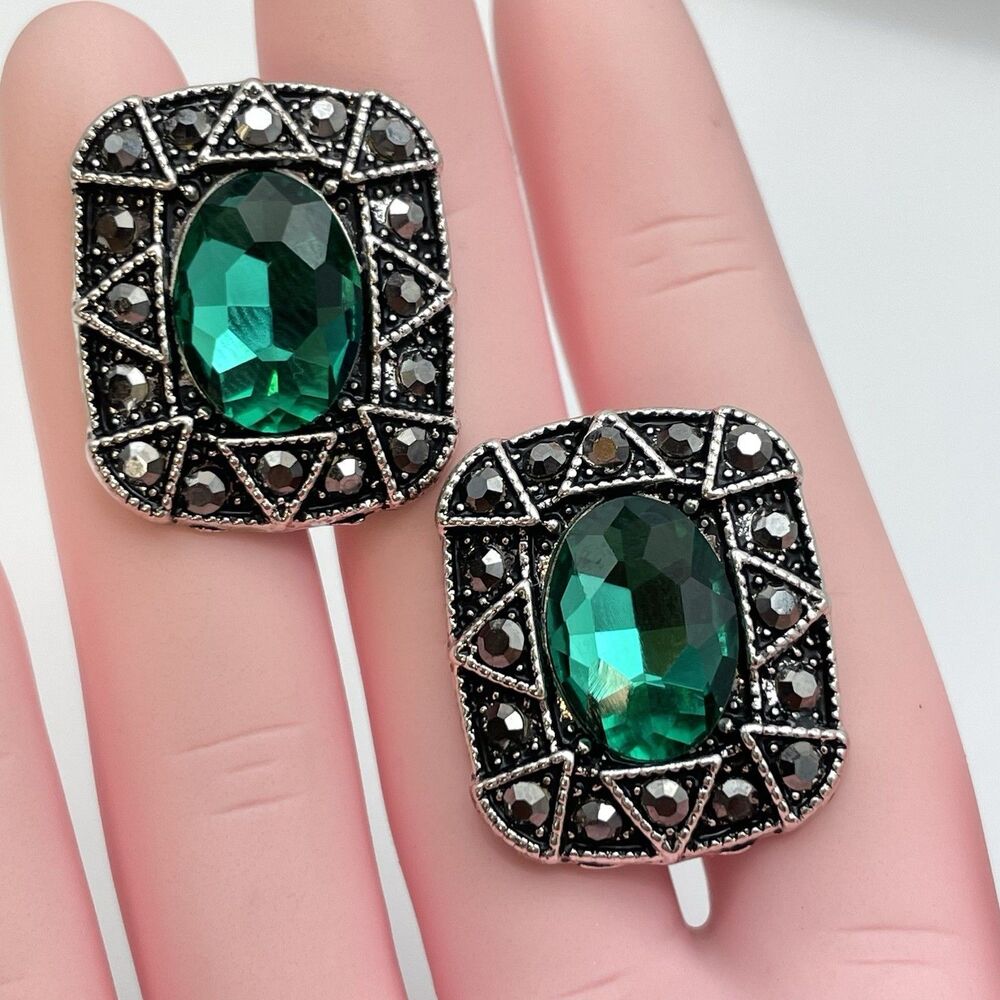 Silver Tone Green Glass Rhinestone Earrings Post Back Art Deco Bold Vintage Look